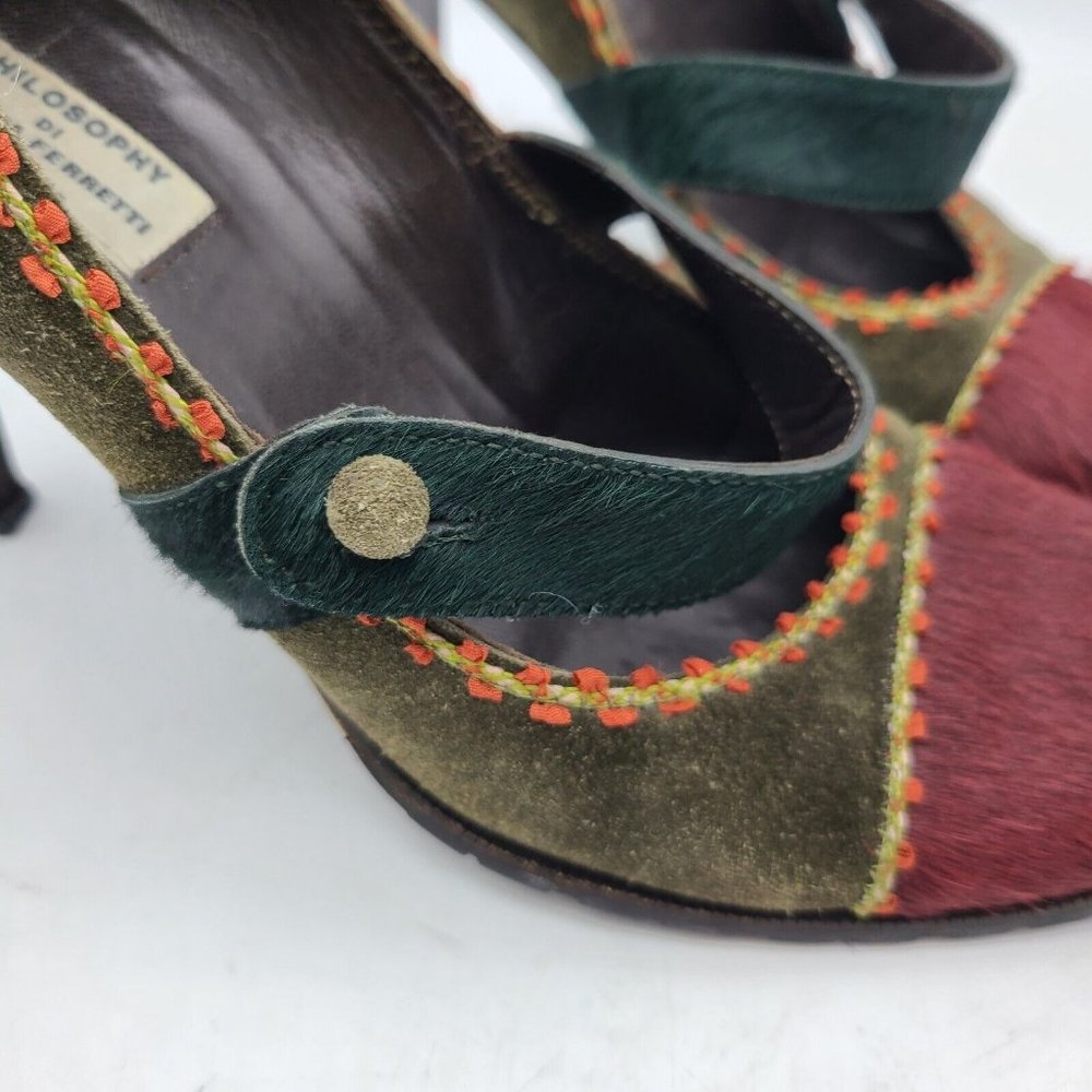 Philosophy Alberta Ferretti Designer heels pumps green red calf hair sz 8.5 39 - Picture 5 of 11